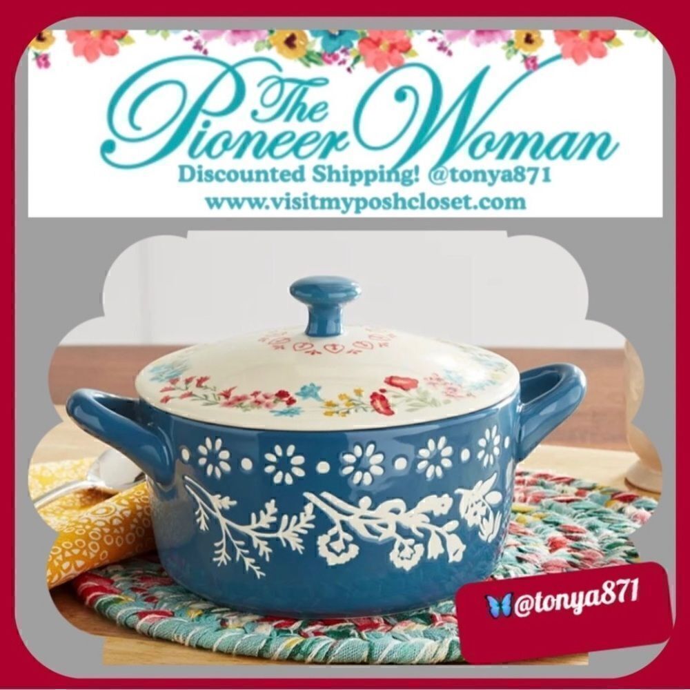 🦋 NWT Pioneer Woman Fancy Flourish Round Ceramic Mini Casserole Dish with Lid